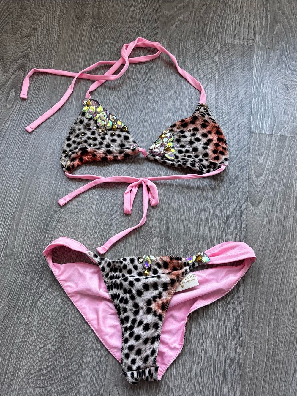 Pink Leopard Print Jeweled Triangle Bikini